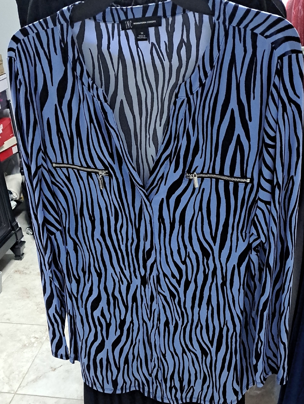 INC International Concepts Blue and Black Zebra-Print V-Neck Blouse